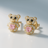 14K Yellow Gold Bear Pink Earrings - Miral Jewelry