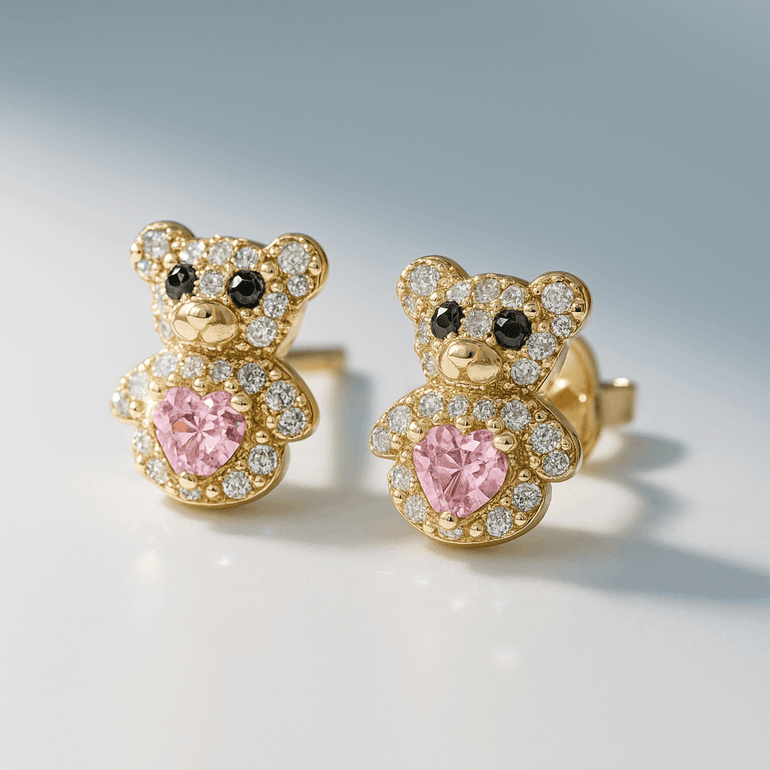 14K Yellow Gold Bear Pink Earrings - Miral Jewelry