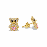 14K Yellow Gold Bear Pink Earrings - Miral Jewelry