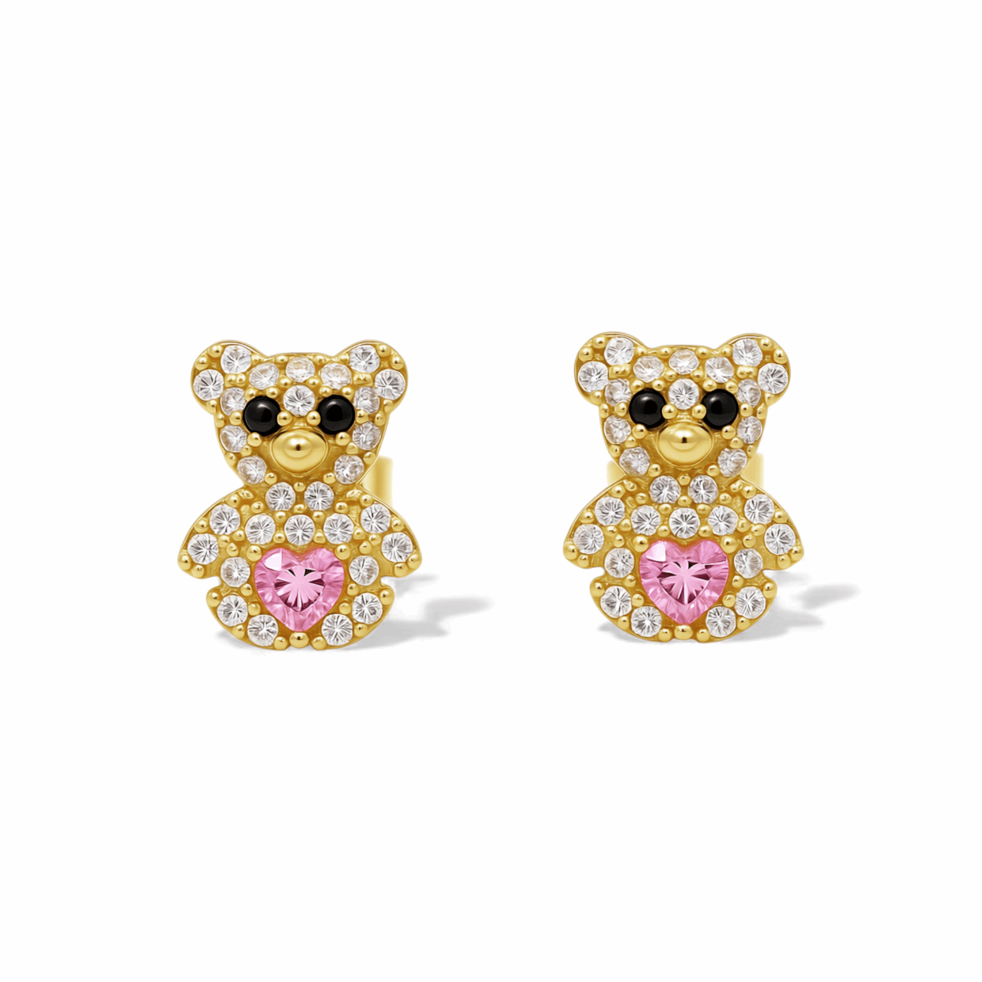 14K Yellow Gold Teddy Bear Stud Earrings with Pink Heart 1.6 g