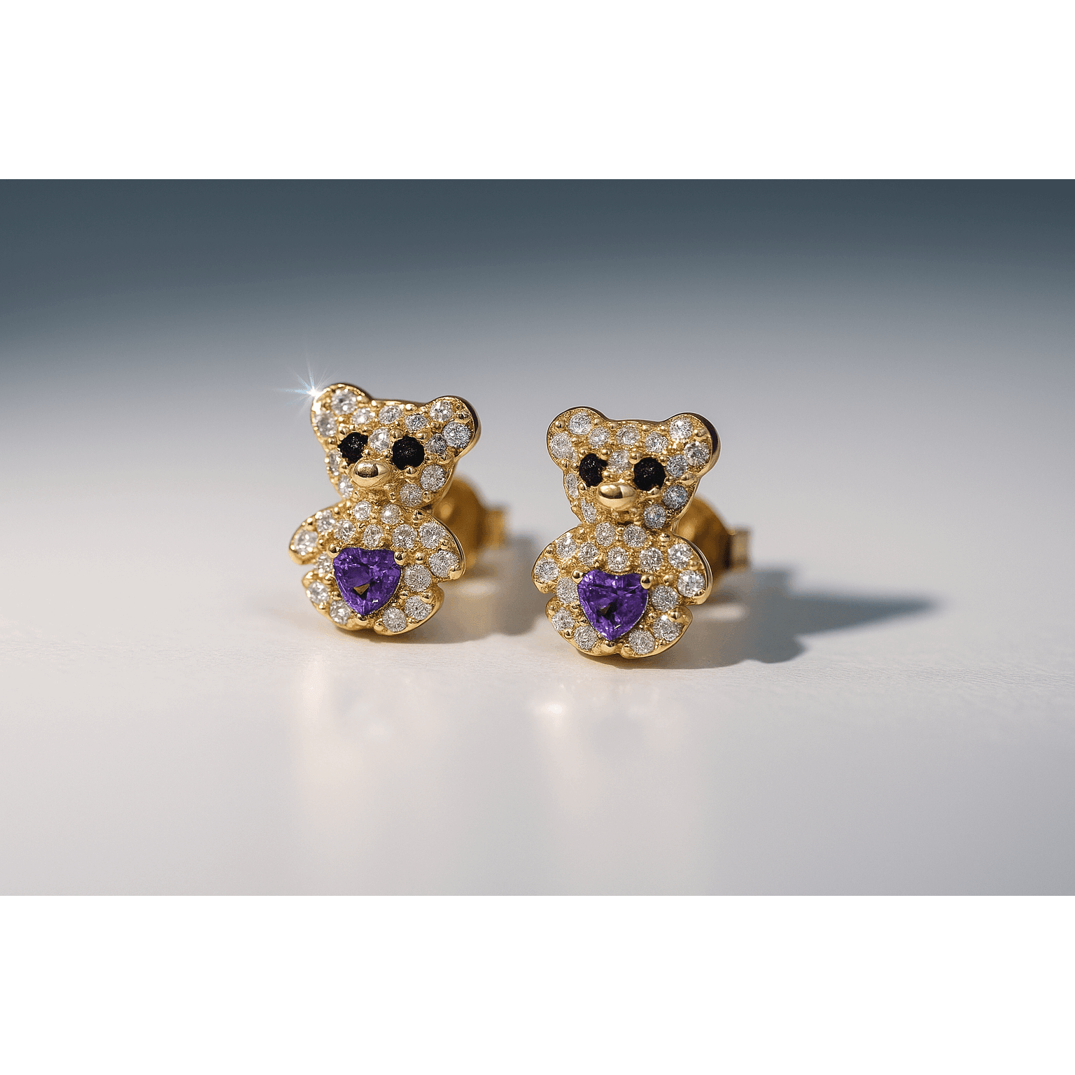 14K Yellow Gold Teddy Bear Stud Earrings with Purple Heart 1.6 g – view 2