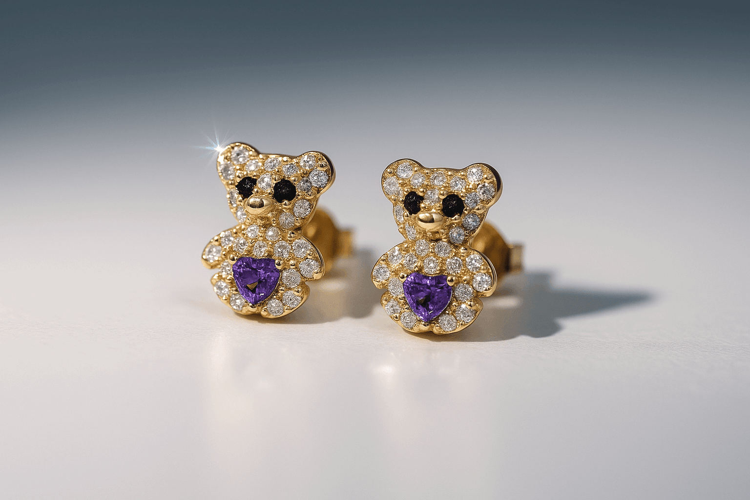 14K Yellow Gold Bear Purple Earrings - Miral Jewelry