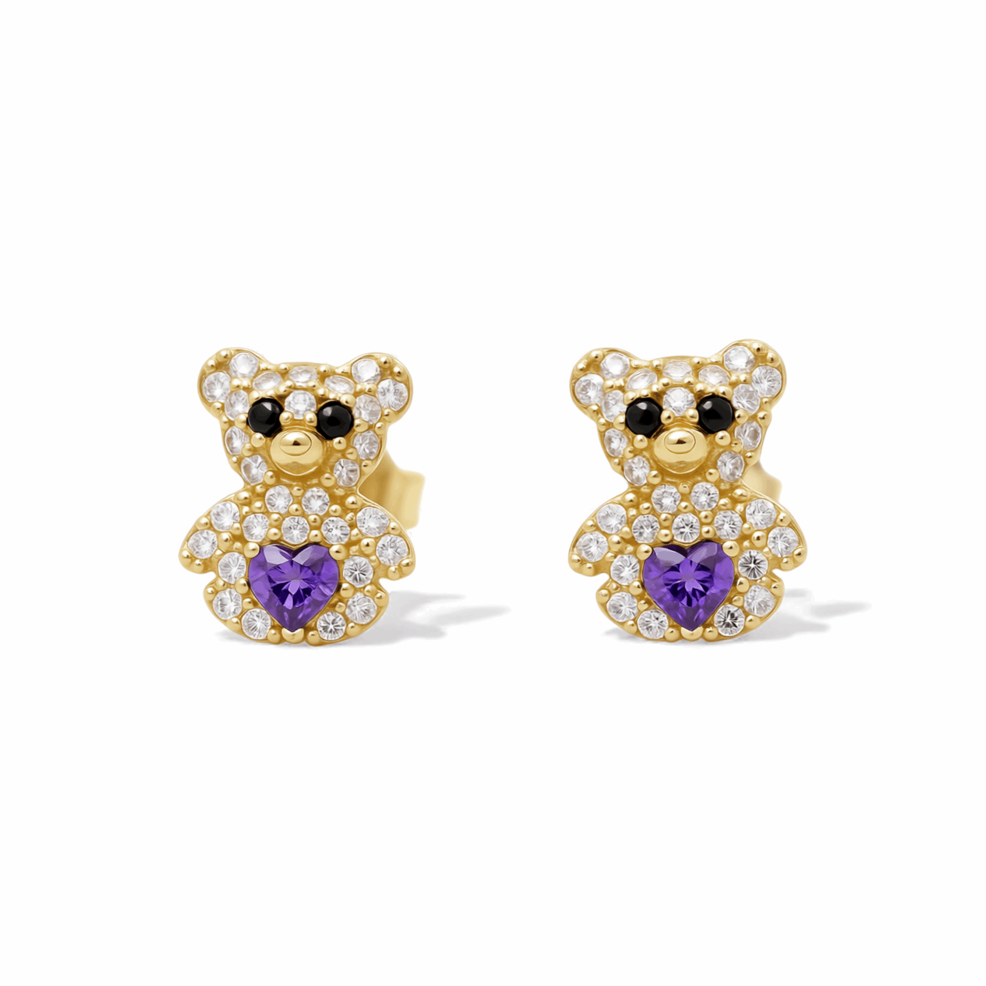 14K Yellow Gold Teddy Bear Stud Earrings with Purple Heart 1.6 g
