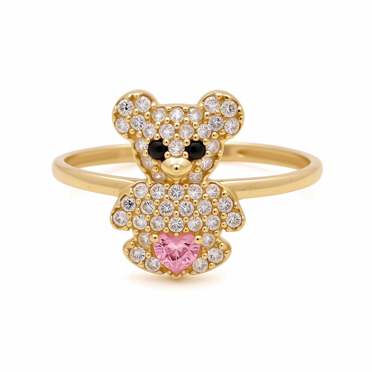 14K Yellow Gold Bear with Light Pink Cz Fashion Women's Ring - Miral Jewelry