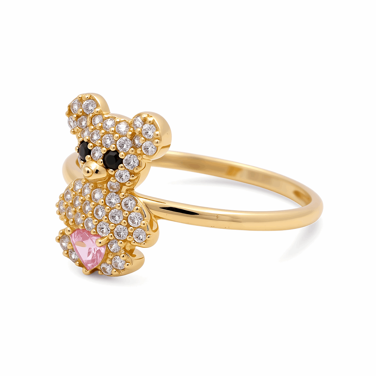 14K Yellow Gold Bear with Light Pink Cz Fashion Women's Ring - Miral Jewelry