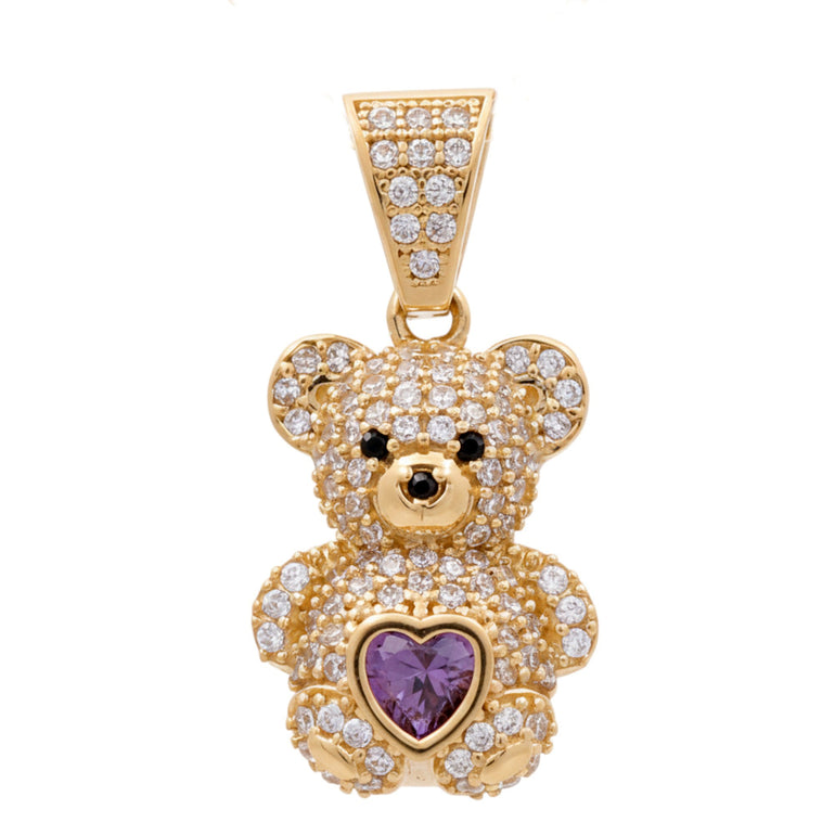 14K Yellow Gold Bear with Purple Heart Pendant - Miral Jewelry