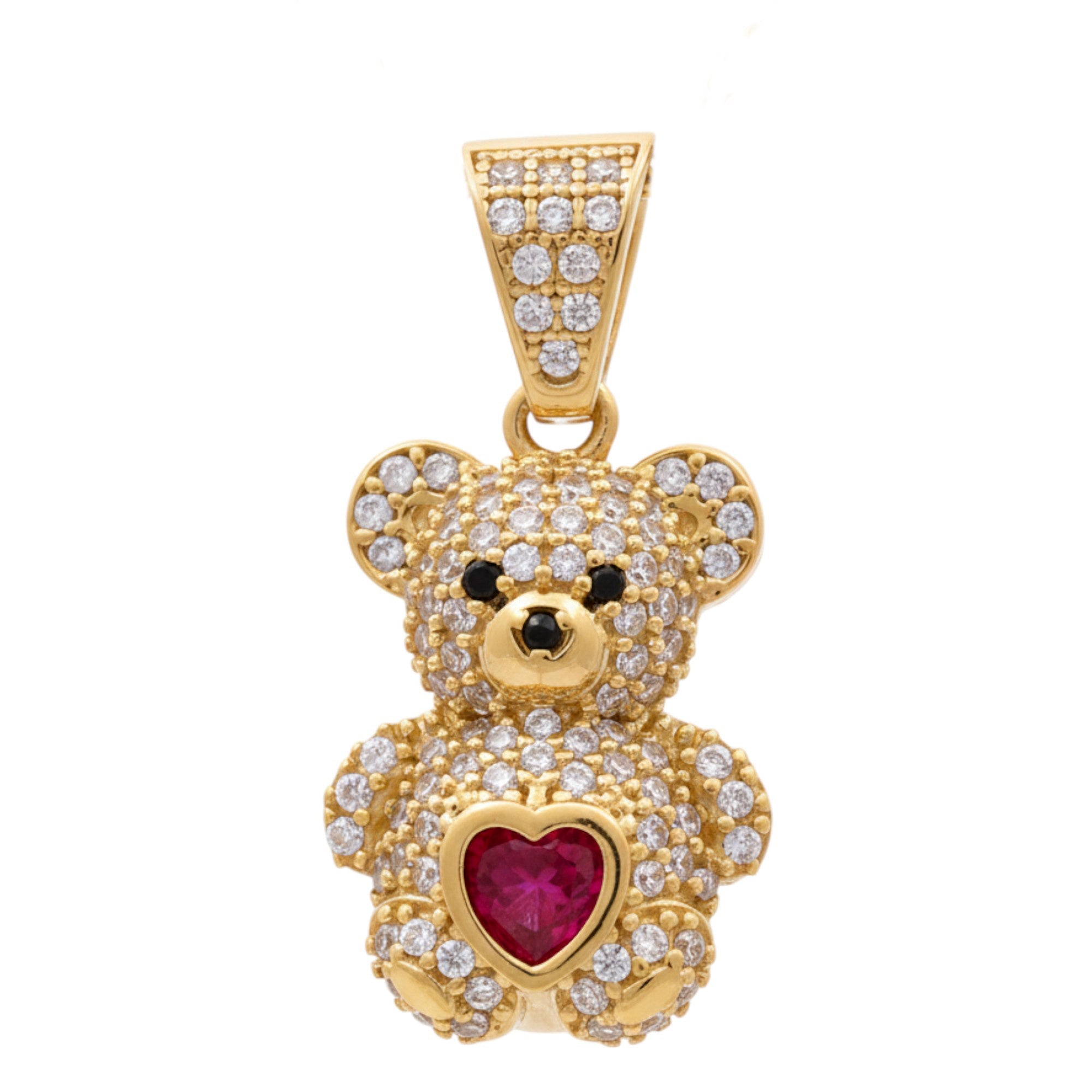 14K Yellow Gold Bear with Red Heart Pendant - Miral Jewelry
