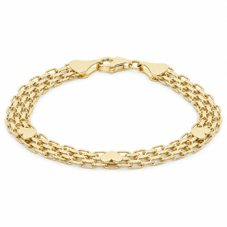 14K Yellow Gold Bismarck Bracelet with Hearts – 7.5" - Miral Jewelry
