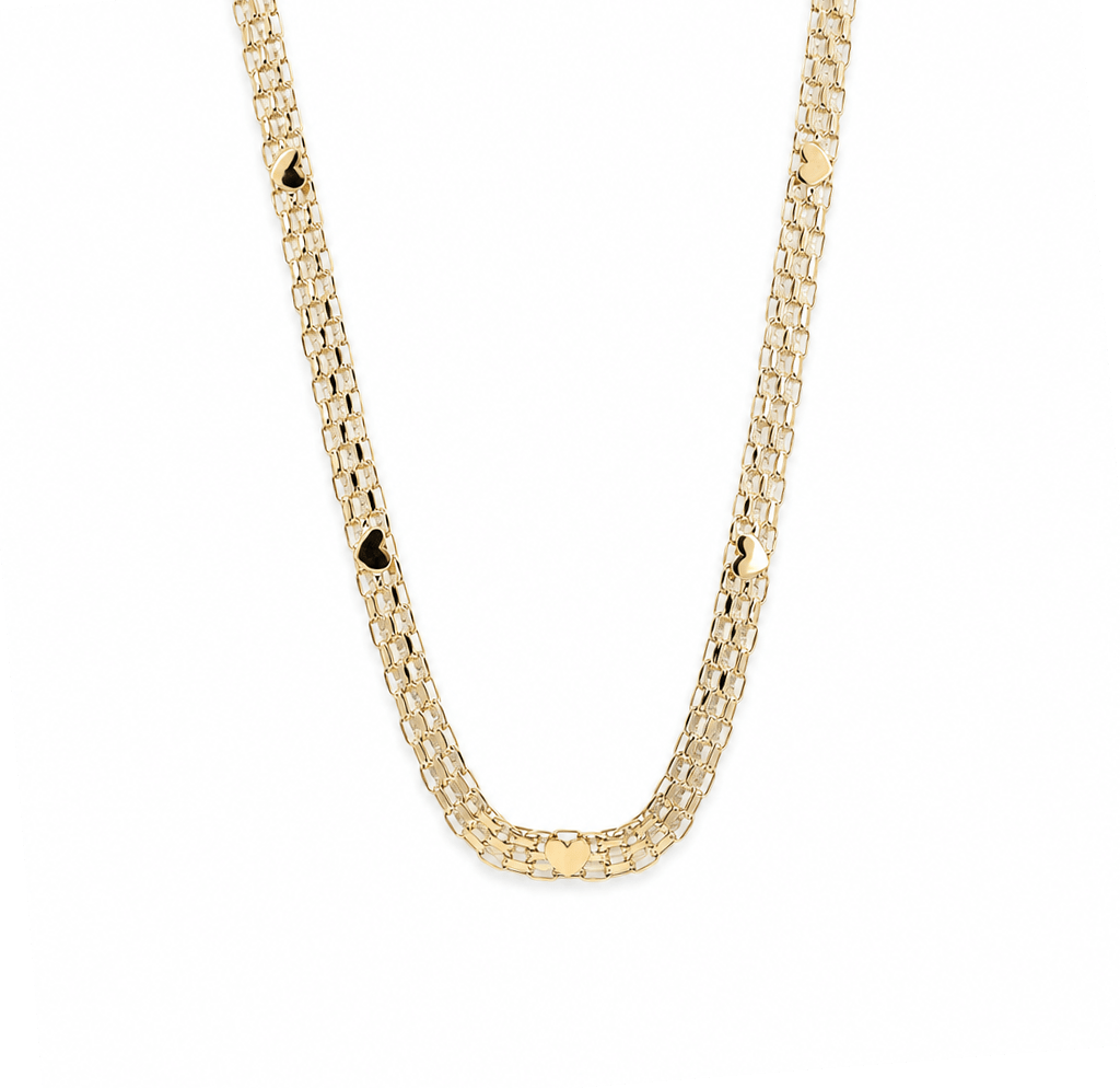14K Yellow Gold Bismarck Necklace with Hearts 18in