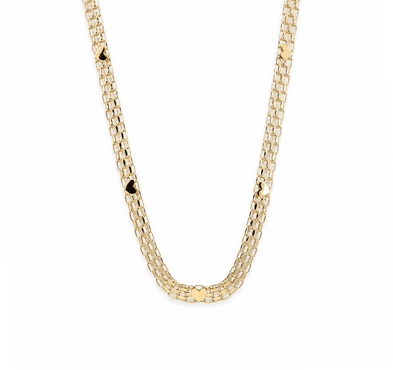 14K Yellow Gold Bismarck Necklace with Hearts 18in