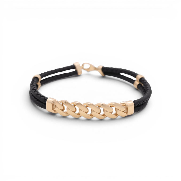 14K Yellow Gold Black Leather Bracelet - Miral Jewelry