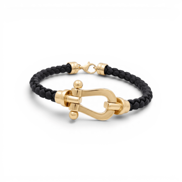 14K Yellow Gold Black Leather Bracelet - Miral Jewelry