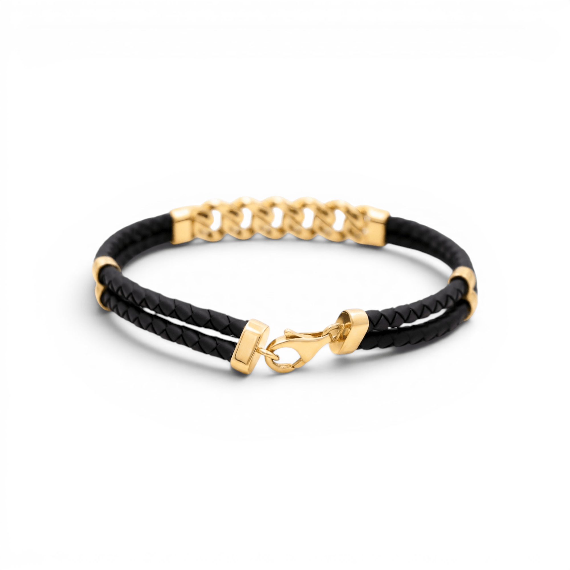 14K Yellow Gold Black Leather Bracelet - Miral Jewelry