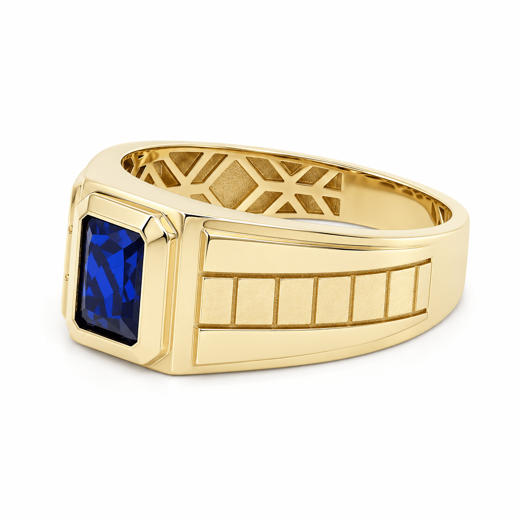 14K Yellow Gold Men's Blue Stone Ring Stepped Shoulders, 4.4 g – view 2