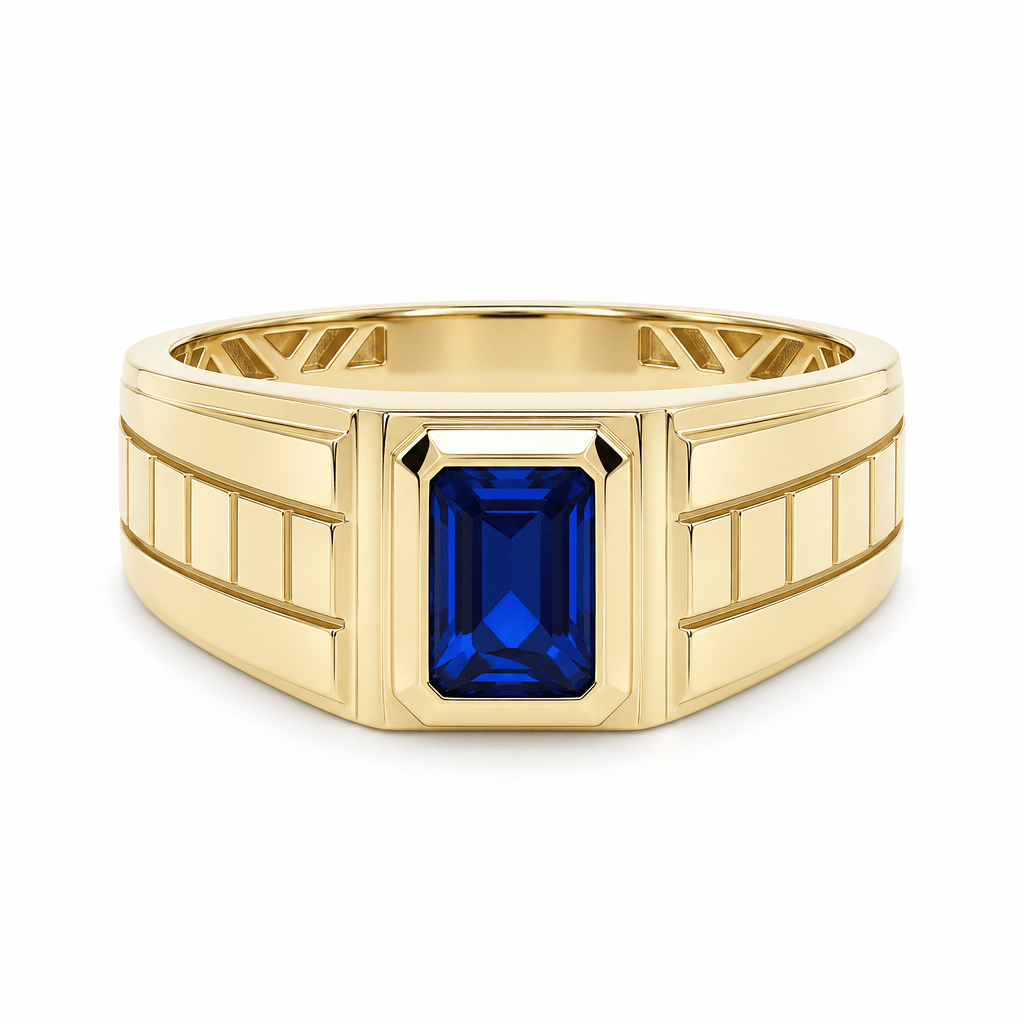 14K Yellow Gold Men's Blue Stone Ring Stepped Shoulders, 4.4 g