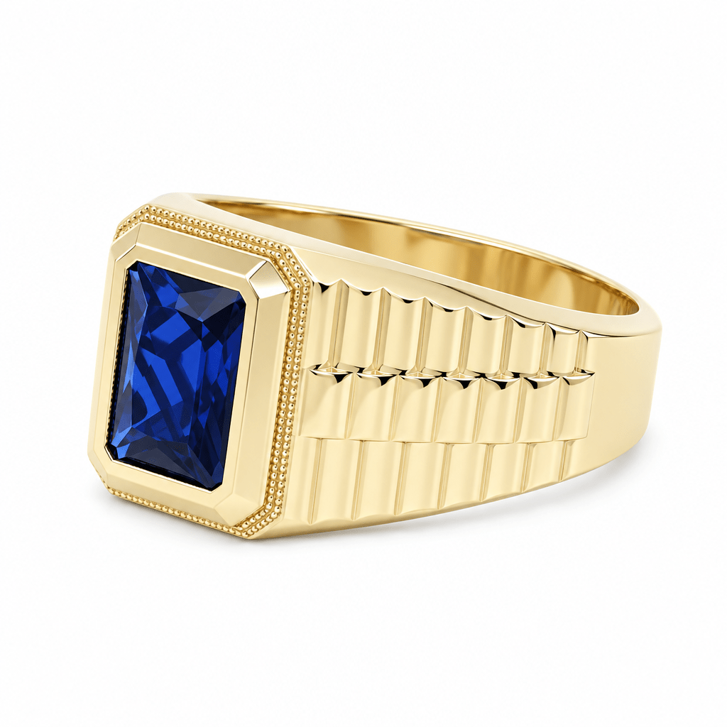 14K Yellow Gold Men's Blue Stone Ring Brick-Link Band, 4.9 g – view 2