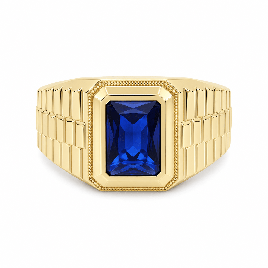 14K Yellow Gold Men's Blue Stone Ring Brick-Link Band, 4.9 g