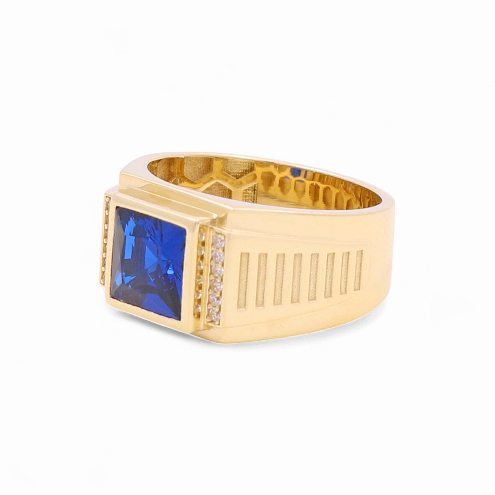 14k Yellow Gold Blue Square Fashion Men's Ring - Miral Jewelry