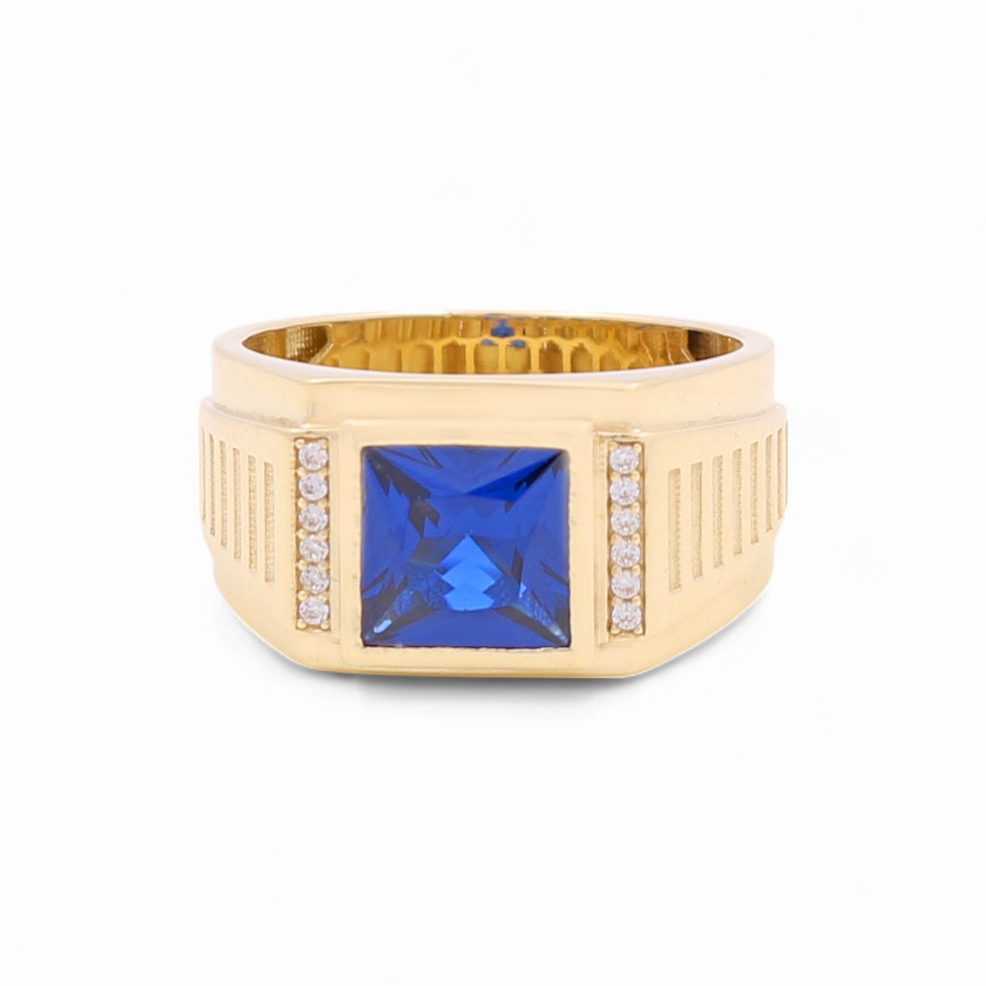 14k Yellow Gold Blue Square Fashion Men's Ring - Miral Jewelry
