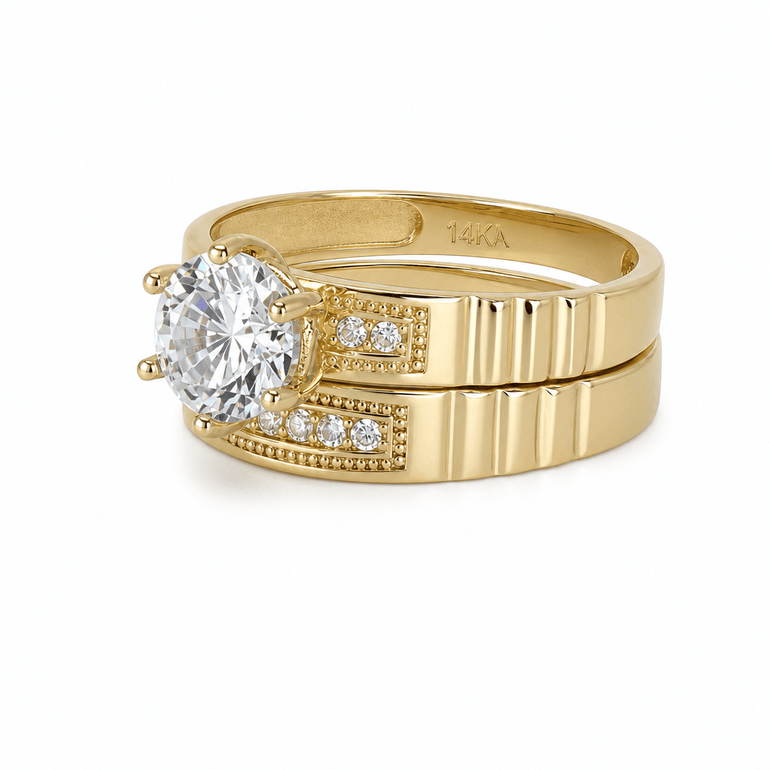 14K Yellow Gold Bridal Set with Cz Fashion Women's Ring - Miral Jewelry