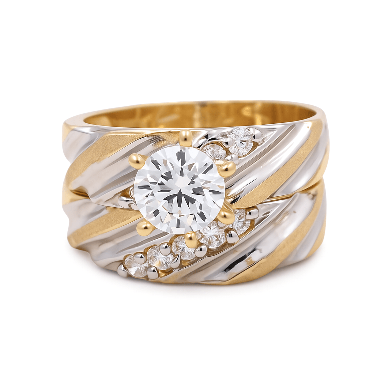 14K Yellow Gold Two-Tone Swirl Bridal Set with CZ 7.2 g