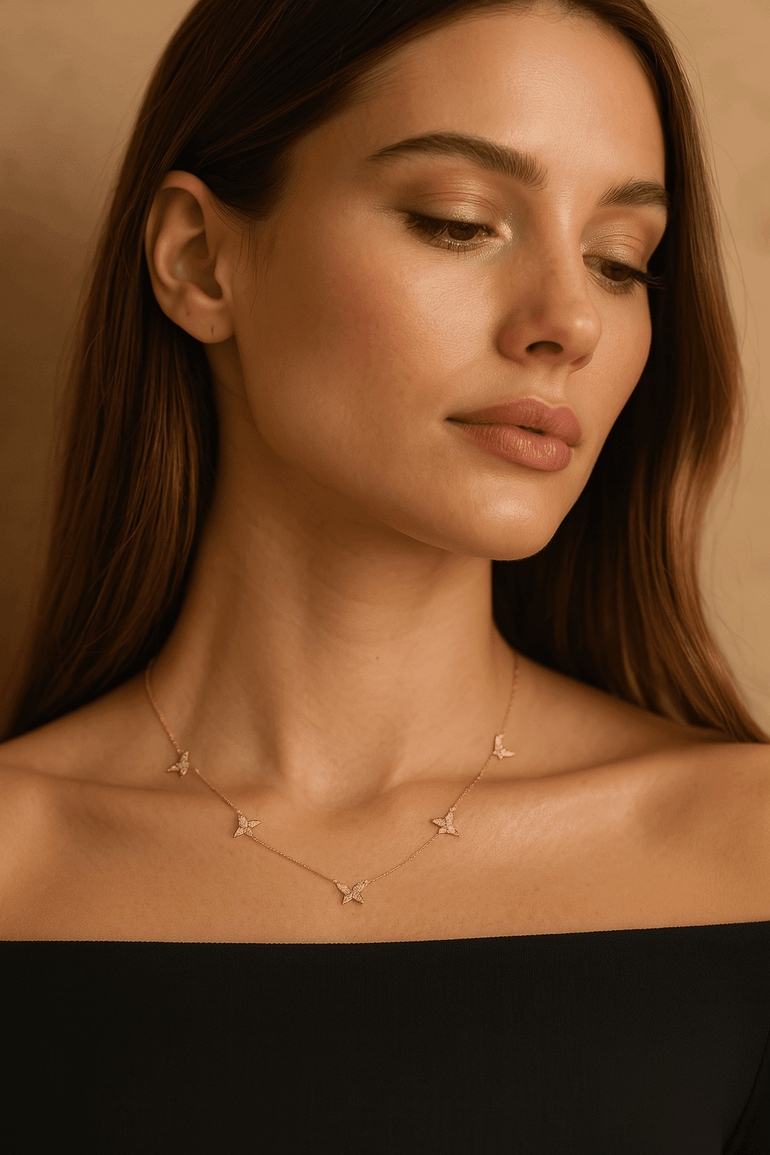 14k Yellow Gold Butterflies Diamond Necklace with 0.65 Tw Round Diamonds - Miral Jewelry