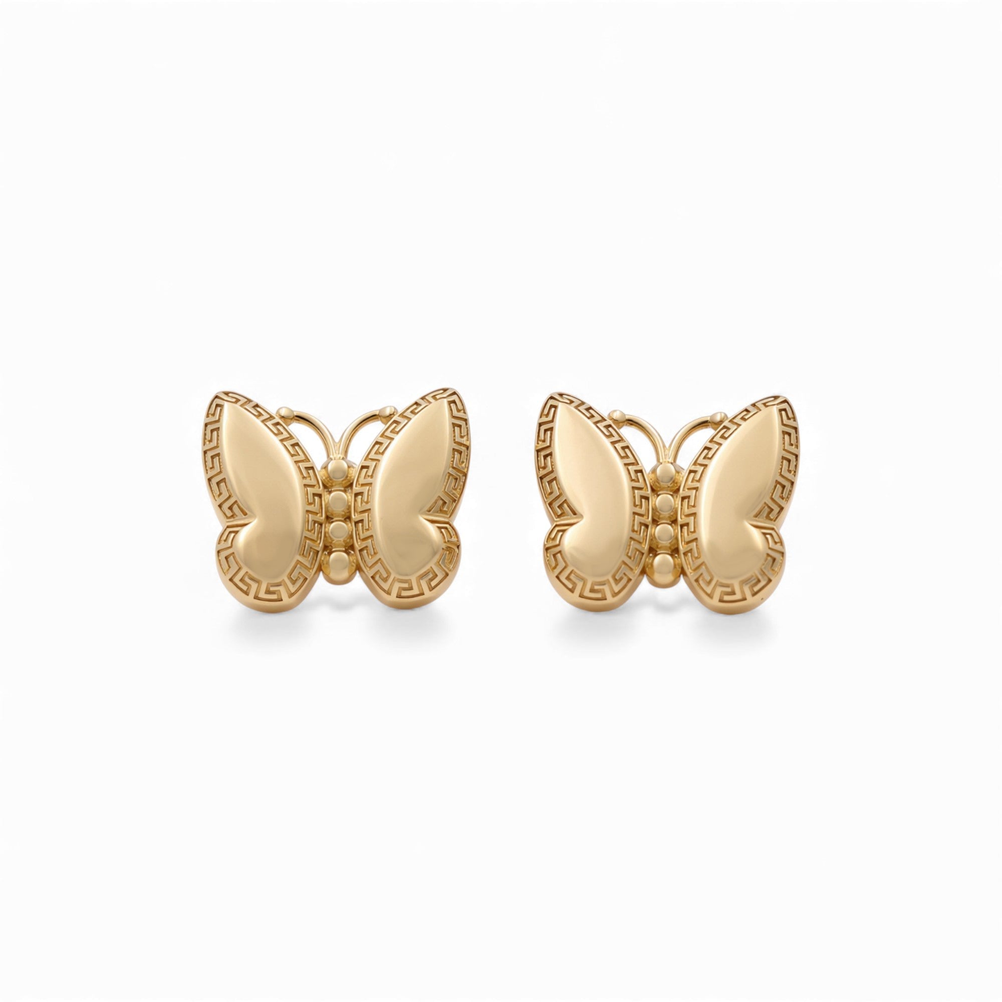 14K Yellow Gold Butterfly Stud Earrings with Greek Key Border 5.5 g