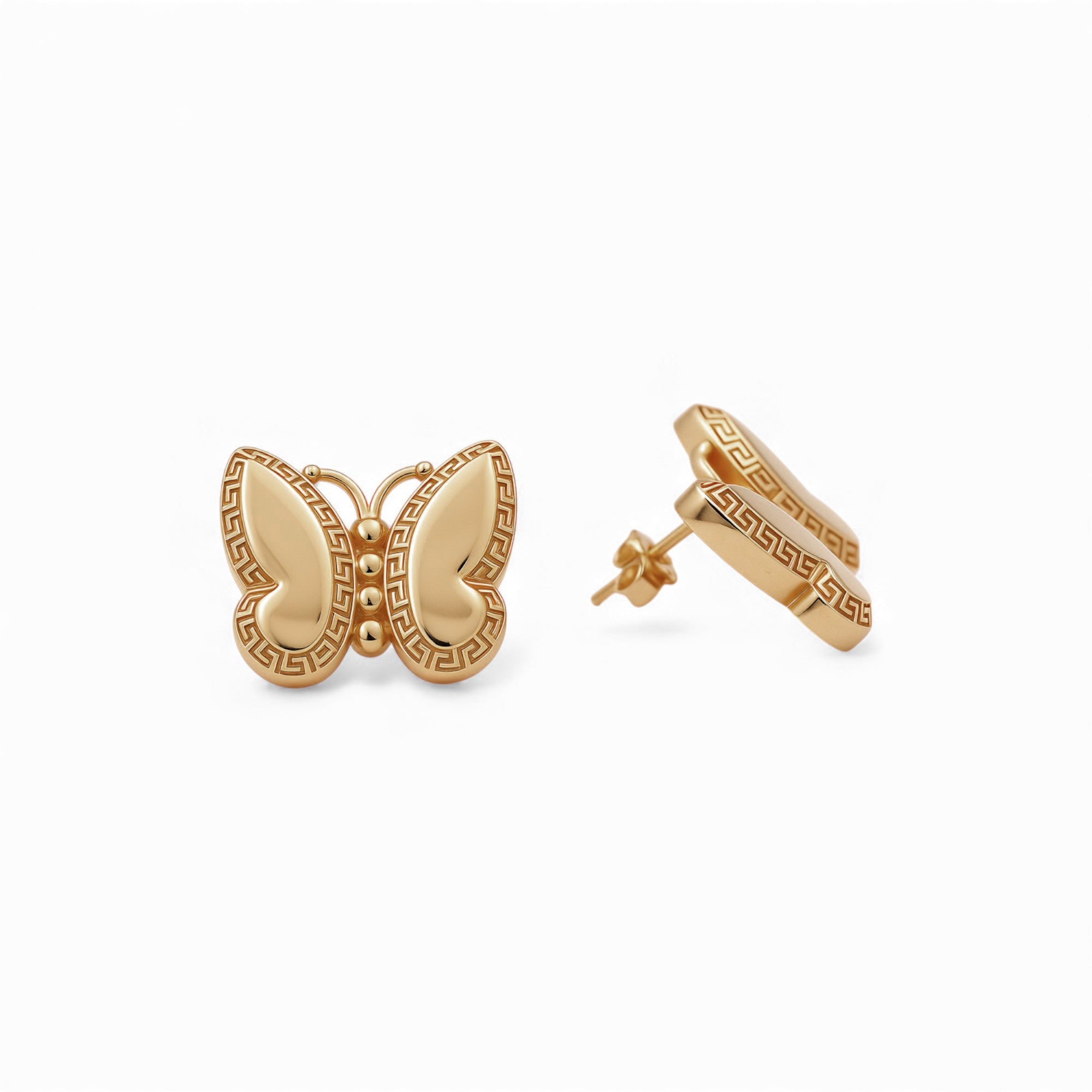14K Yellow Gold Butterfly Stud Earrings with Greek Key Border 5.5 g – view 2