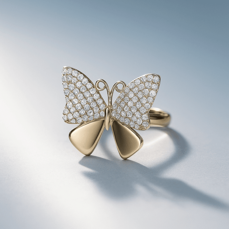 14K Yellow Gold Butterfly with Cz Fashion Women's Ring - Miral Jewelry