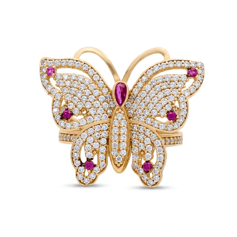 14K Yellow Gold Butterfly with Cz Fashion Women's Ring - Miral Jewelry