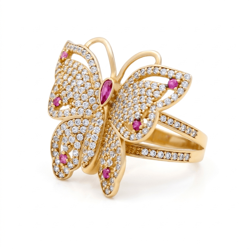 14K Yellow Gold Butterfly with Cz Fashion Women's Ring - Miral Jewelry