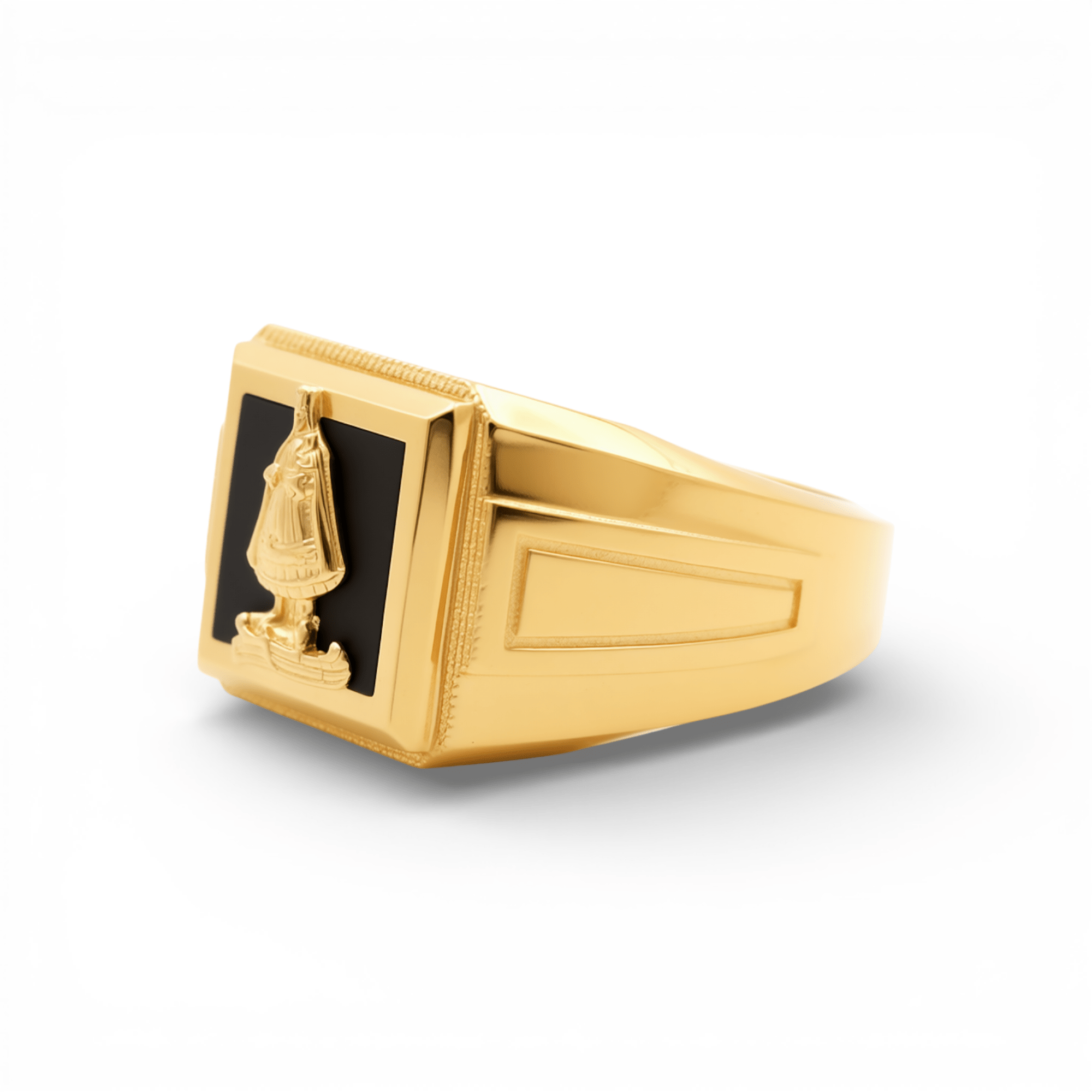14k Yellow Gold Caridad del Cobre with Onix Fashion Men's Ring - Miral Jewelry
