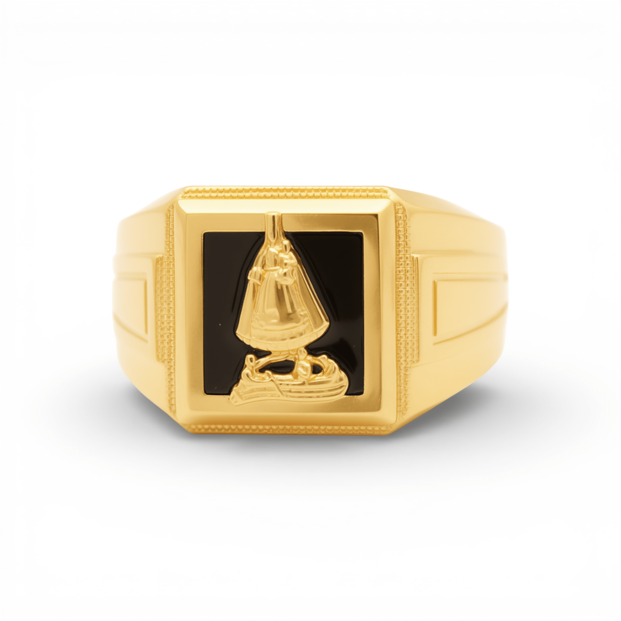 14k Yellow Gold Caridad del Cobre with Onix Fashion Men's Ring - Miral Jewelry