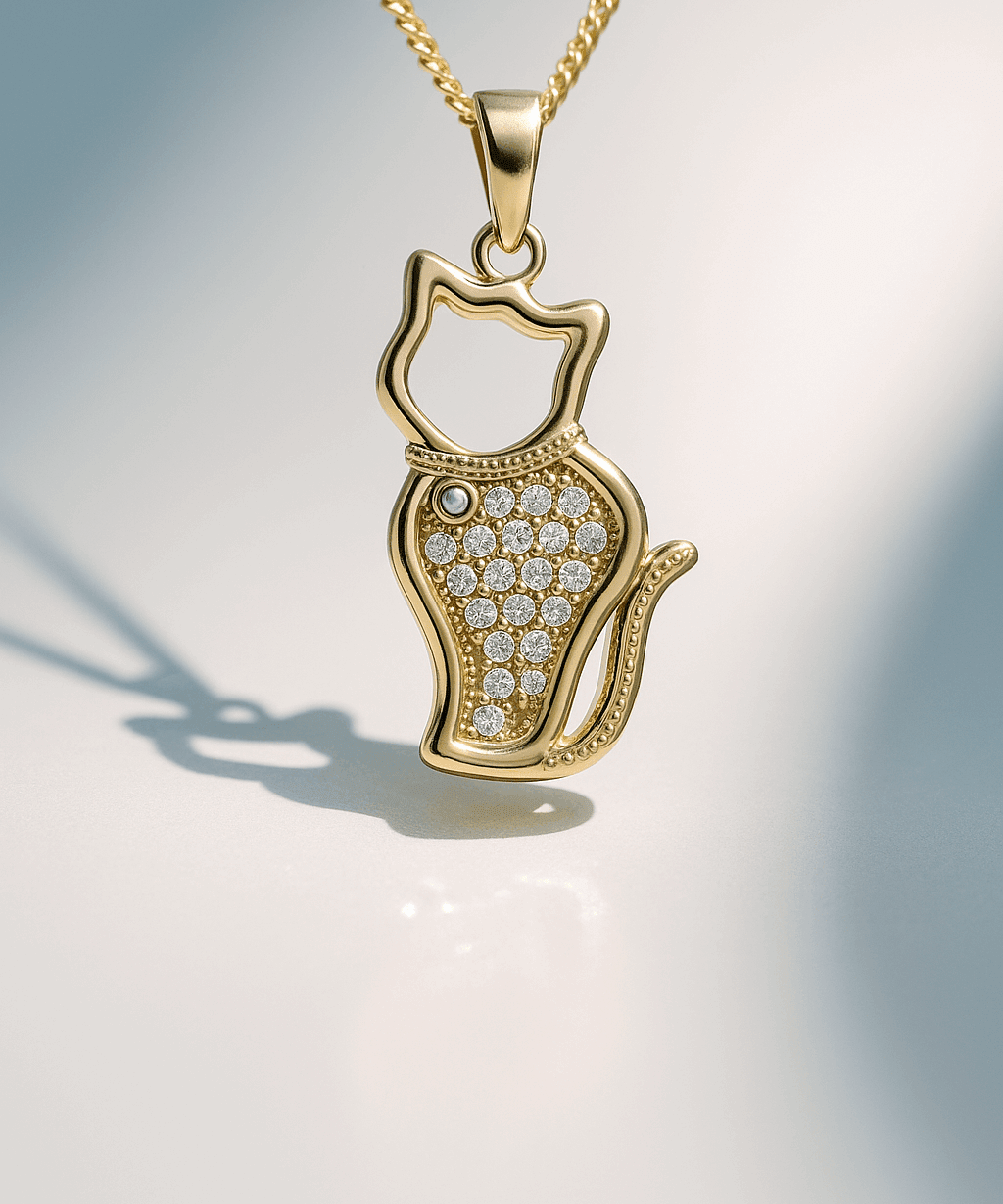 14K Yellow Gold Cat with Cz Pendant - Miral Jewelry