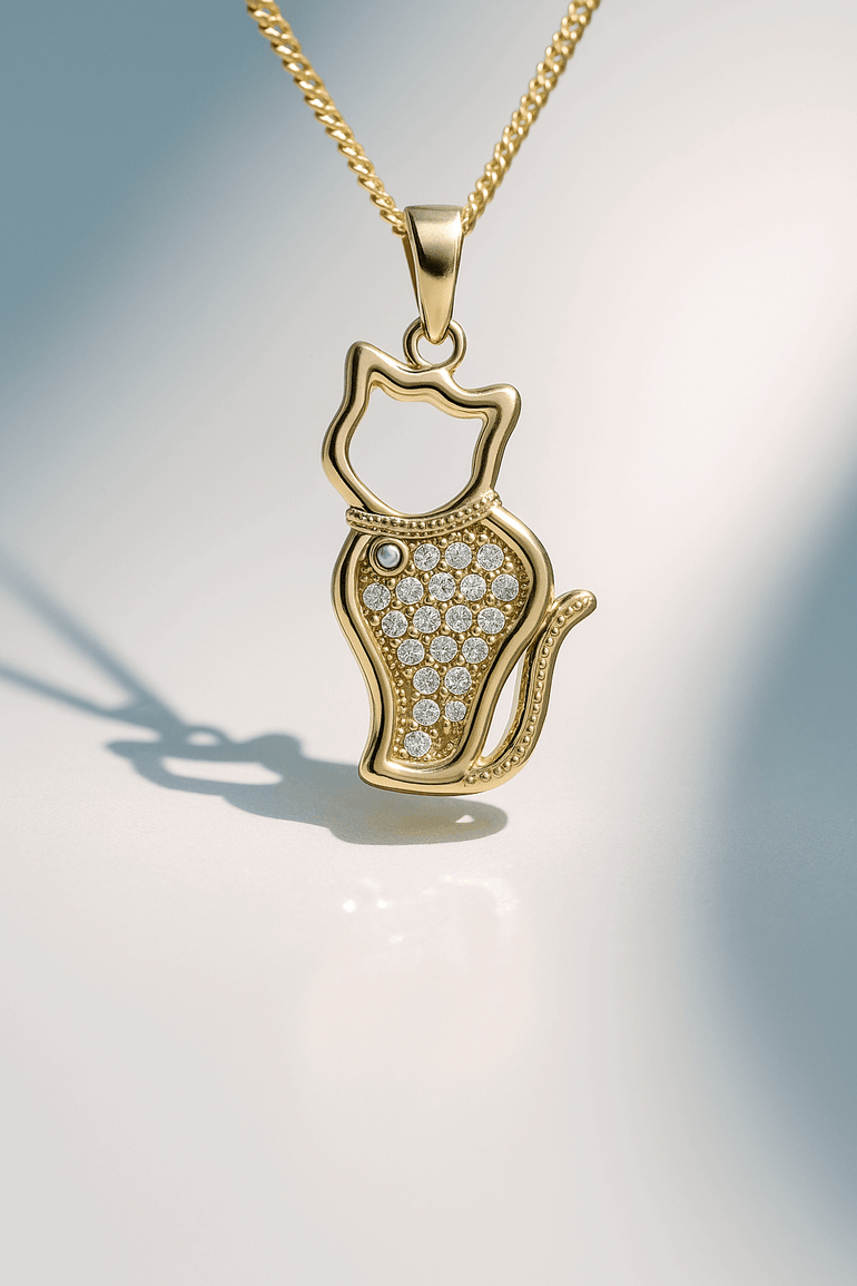 14K Yellow Gold Cat with Cz Pendant - Miral Jewelry