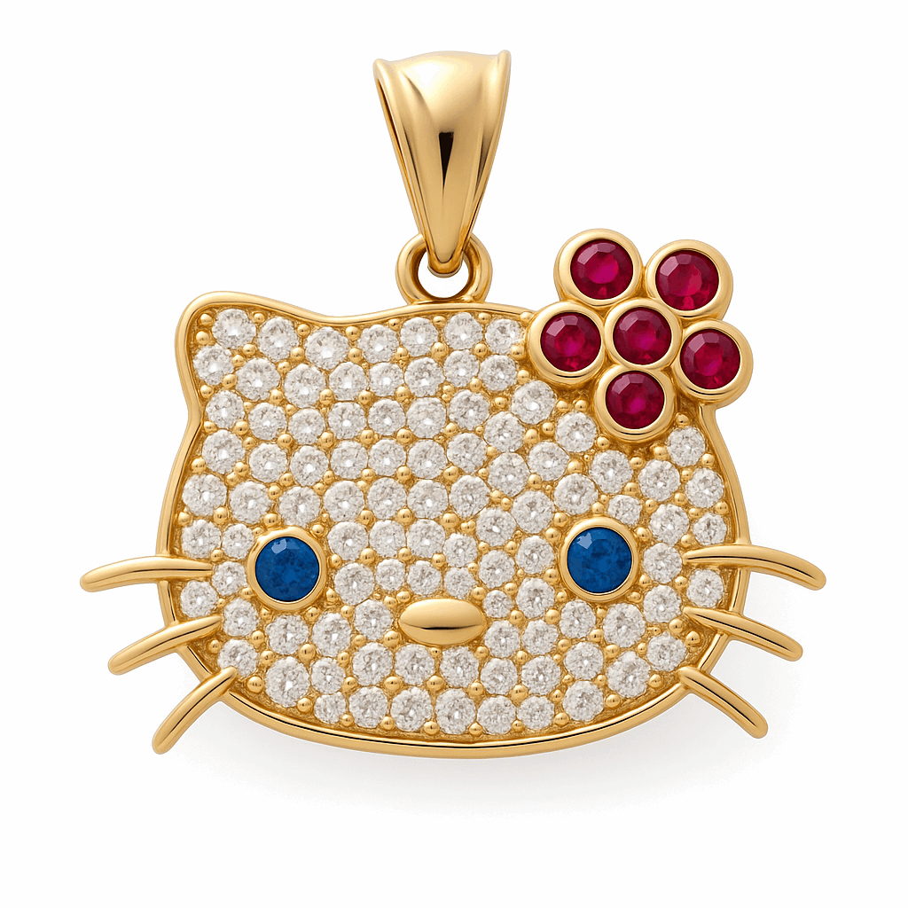 14K Yellow Gold Cat with Cz Pendant - Miral Jewelry