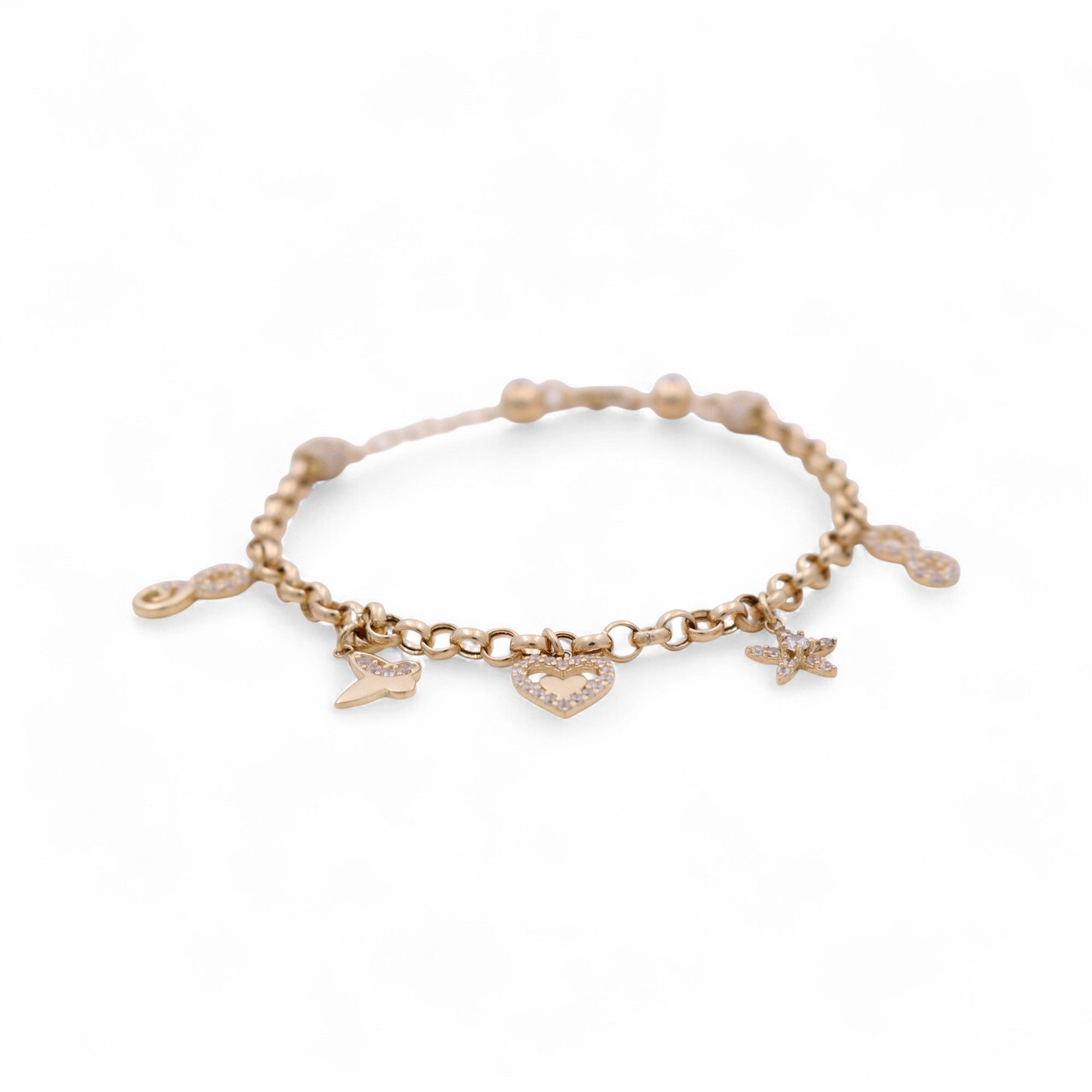 14K Yellow Gold Rolo Charm Bracelet with CZ 7.5in, 6.4 g