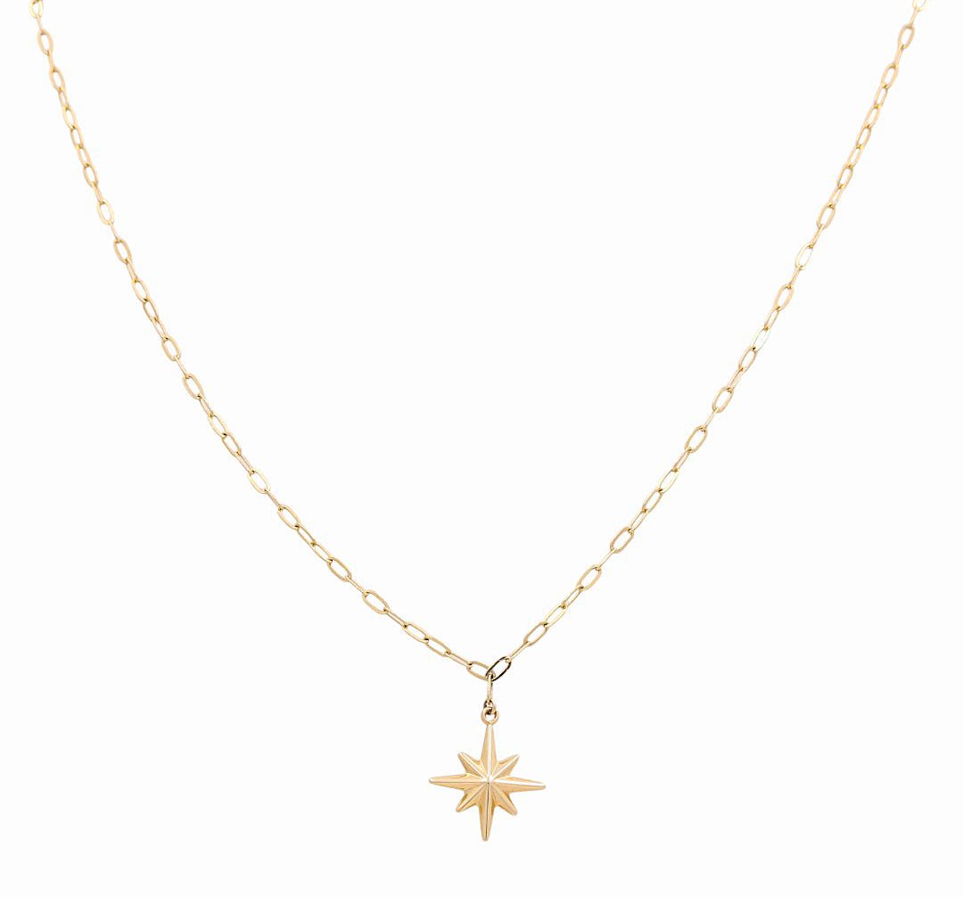 14K Yellow Gold Paper Clip Necklace with North Star 18in, 3.8 g