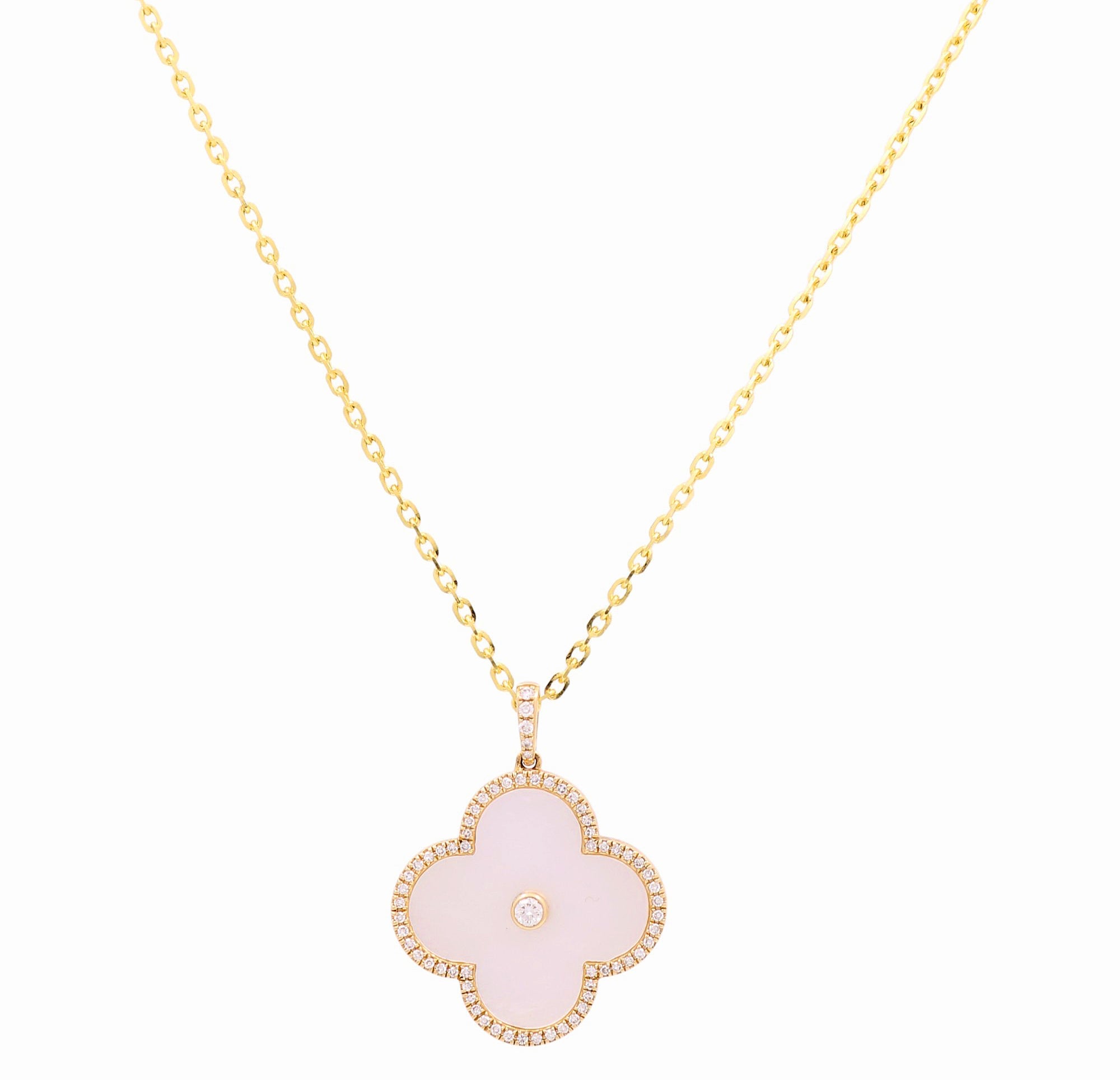 14k Yellow Gold Clover Diamond Necklace 18" with 0.20Tw Round Diamonds - Miral Jewelry