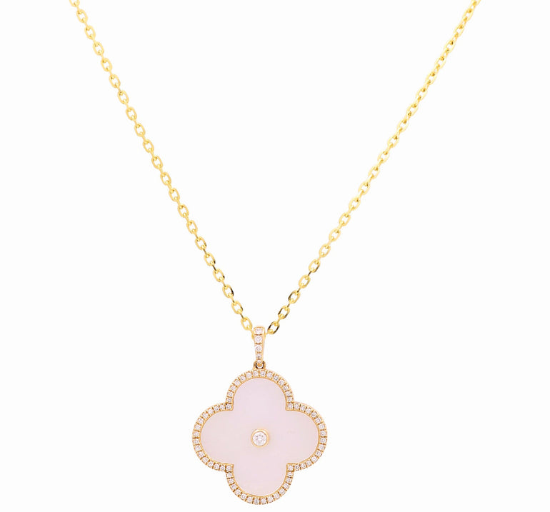 14k Yellow Gold Clover Diamond Necklace 18" with 0.20Tw Round Diamonds - Miral Jewelry