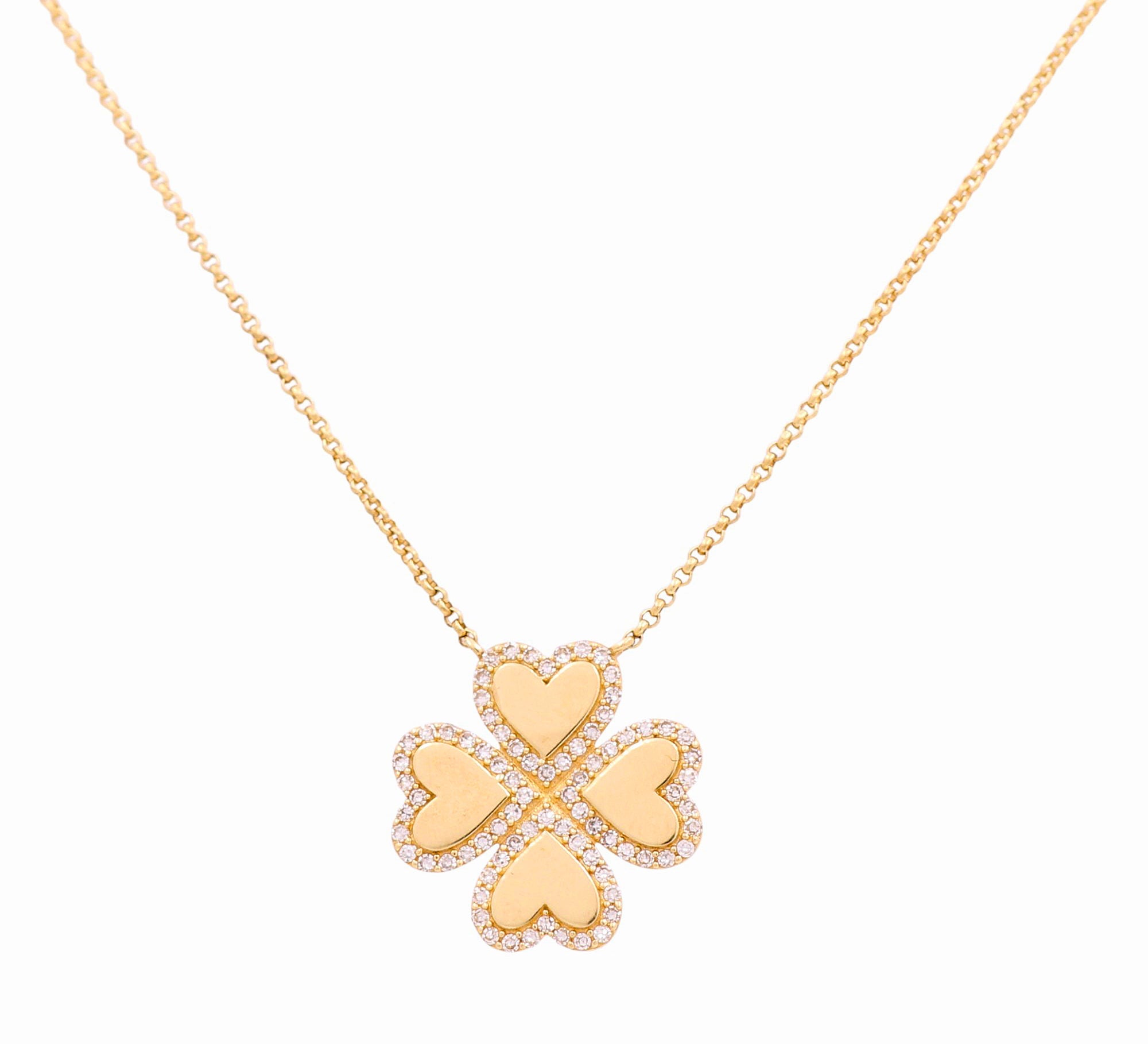 14k Yellow Gold Clover Diamond Necklace 18" with 0.25Tw Round Diamonds - Miral Jewelry