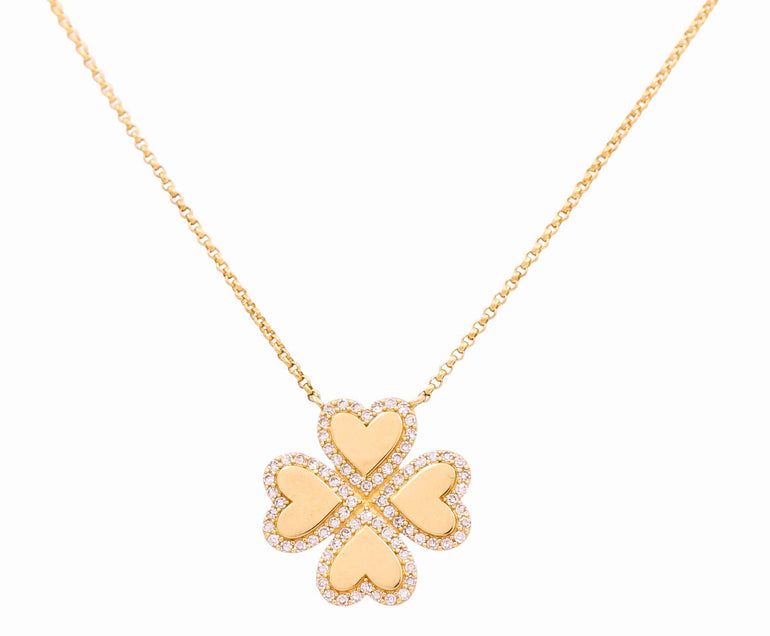 14k Yellow Gold Clover Diamond Necklace 18" with 0.25Tw Round Diamonds - Miral Jewelry