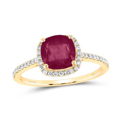 14K Yellow Gold Cocktail Diamond Fashion Ring with 0.20Tw Round Diamonds and One Cushion Ruby - Miral Jewelry