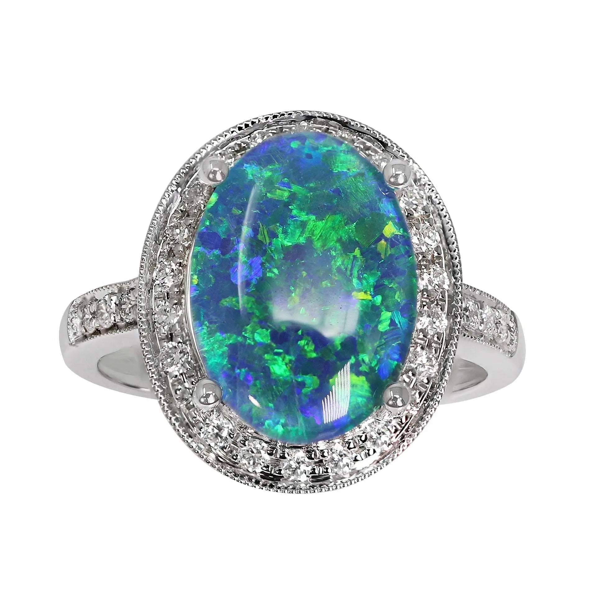 14K White Gold Oval Opal & Diamond Halo Cocktail Ring