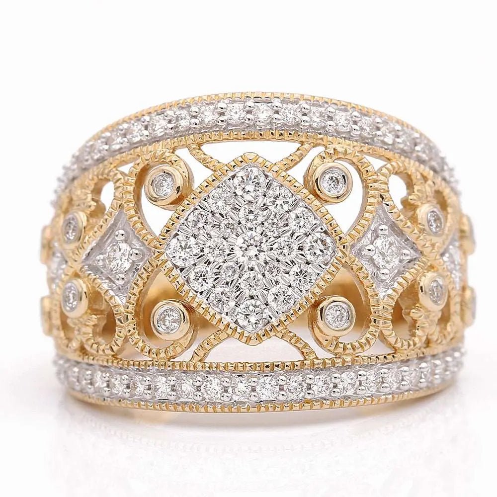 14K Two-Tone Gold Wide Filigree Diamond Ring 0.75 ct tw