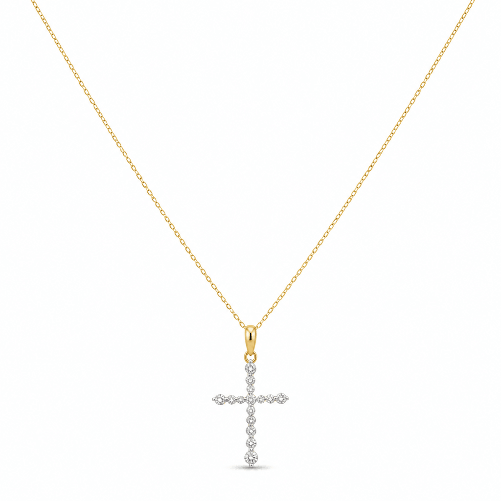 14k Yellow Gold Cross Diamond Necklace 18" with 0.25Tw Round Diamonds - Miral Jewelry