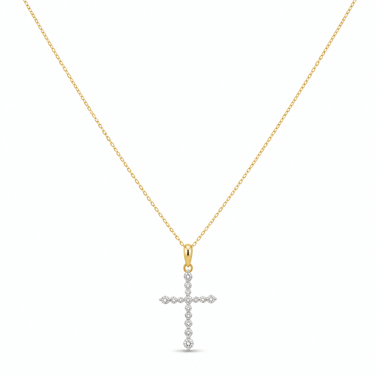 14k Yellow Gold Cross Diamond Necklace 18" with 0.25Tw Round Diamonds - Miral Jewelry