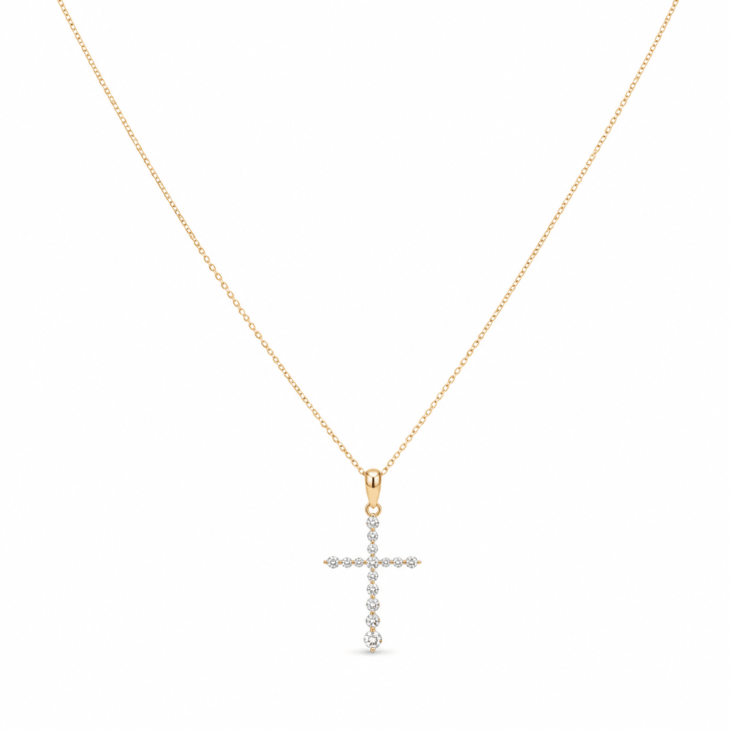14k Yellow Gold Cross Diamond Necklace 18" with 0.25Tw Round Diamonds - Miral Jewelry