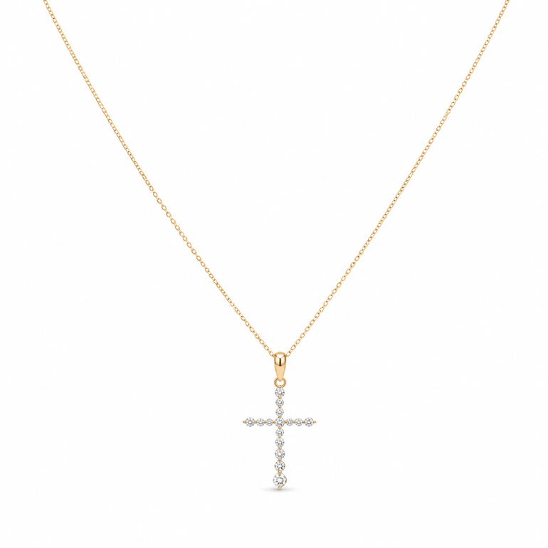 14k Yellow Gold Cross Diamond Necklace 18" with 0.25Tw Round Diamonds - Miral Jewelry