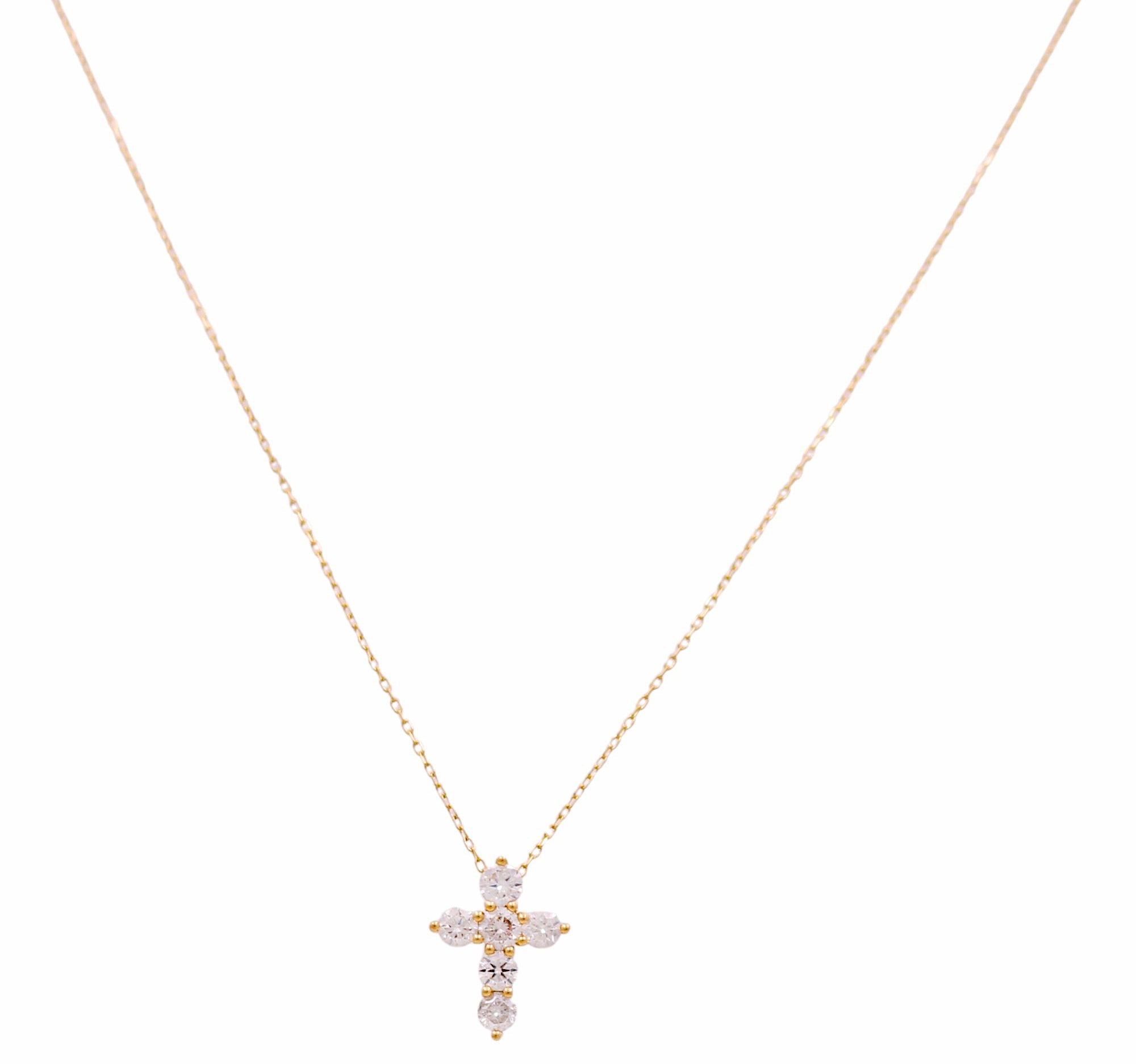 14k Yellow Gold Cross Diamond Necklace with 0.91 Tw Round Diamonds - Miral Jewelry